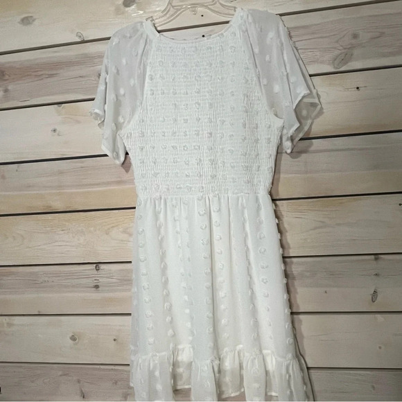 White Swiss Dot Smocked Dress w/Flutter Sleeve - Picture 6 of 6